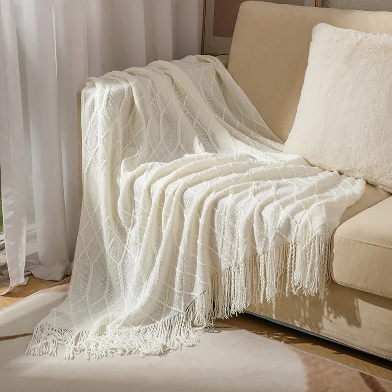 Cable knit throw blanket in cream white