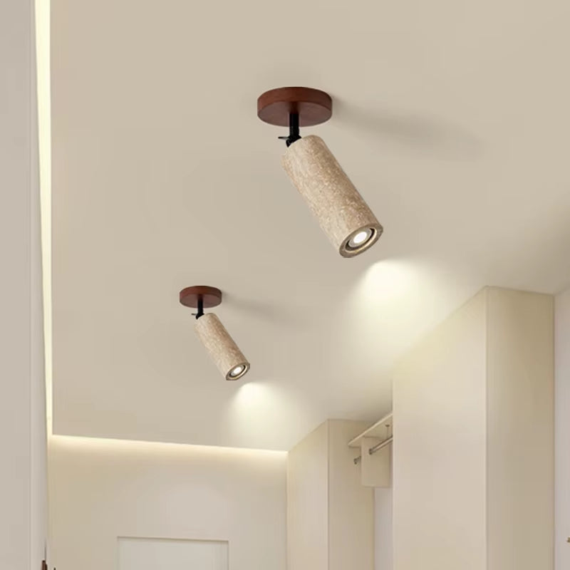 Two travertine ceiling spotlights lit above an entryway