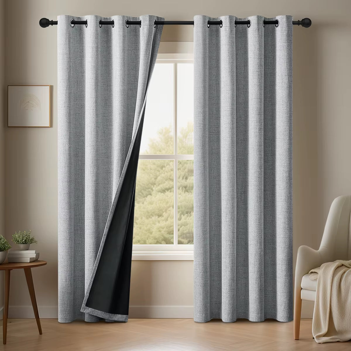 Dark grey linen-look blackout curtains