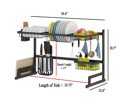 Stainless Steel Dish Drying Rack, Over-the-Sink Dish Rack with Utensil Holder and Cup Hooks for Small Kitchens