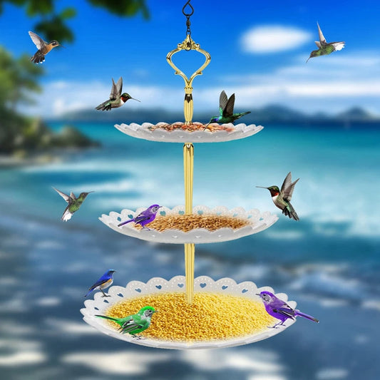 Hanging Bird Feeder and Bath, 3-Tier Outdoor Wild Bird Feeder with Bath for Garden and Patio, Weather-Resistant, Blue