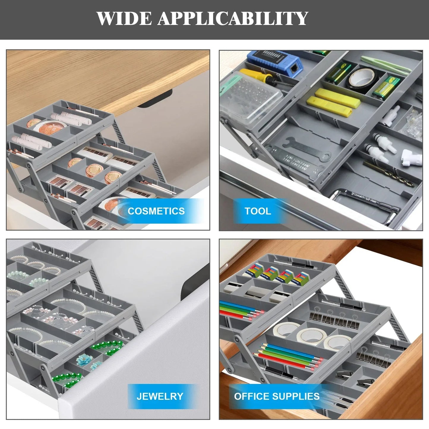 3-Tier Drawer Organizer, Foldable Multi-Compartment Storage Tray for Cosmetics, Jewelry, Office and Craft Supplies