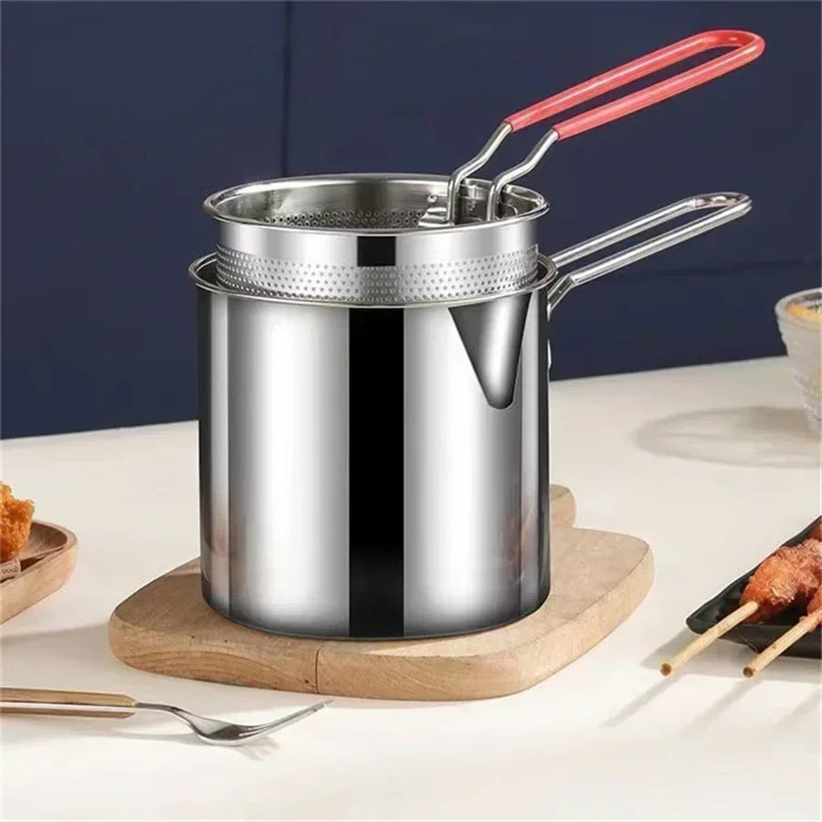 Deep Fryer Pot with Strainer Basket, 1200ml 304 Stainless Steel Frying Pot for Gas, Electric & Induction Stoves, Fries & Tempura