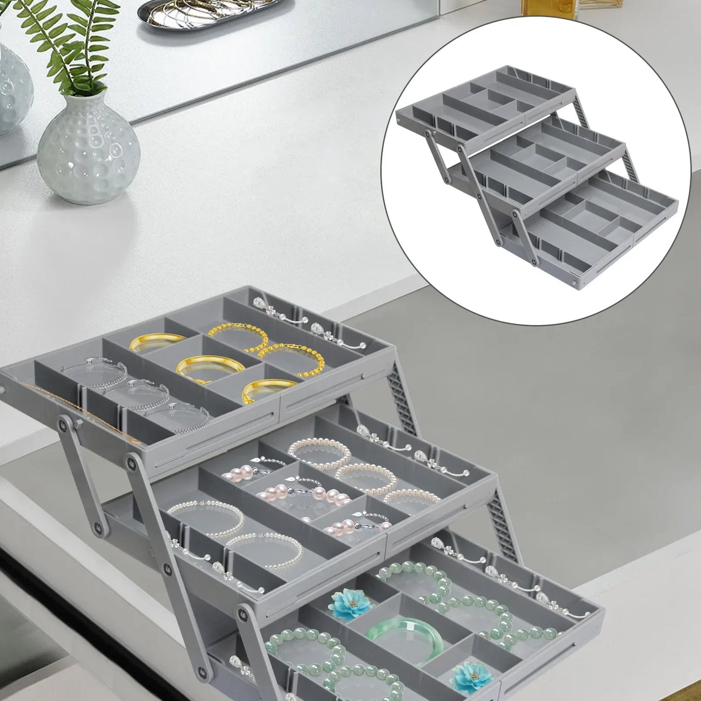3-Tier Drawer Organizer, Foldable Multi-Compartment Storage Tray for Cosmetics, Jewelry, Office and Craft Supplies