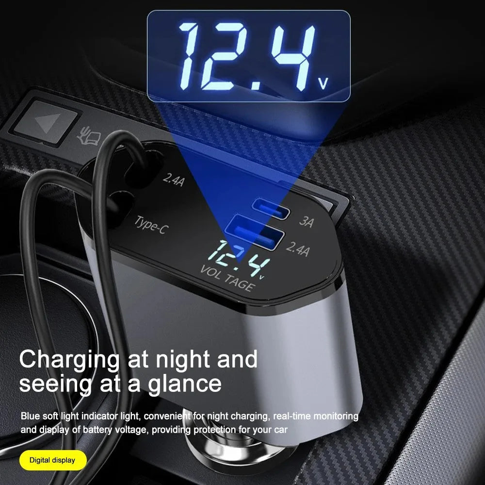 120W Retractable Car Charger with Dual Cables, USB-A and USB-C Fast Car Adapter with Voltage Display for Phones and Tablets
