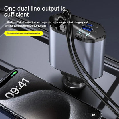 120W Retractable Car Charger with Dual Cables, USB-A and USB-C Fast Car Adapter with Voltage Display for Phones and Tablets