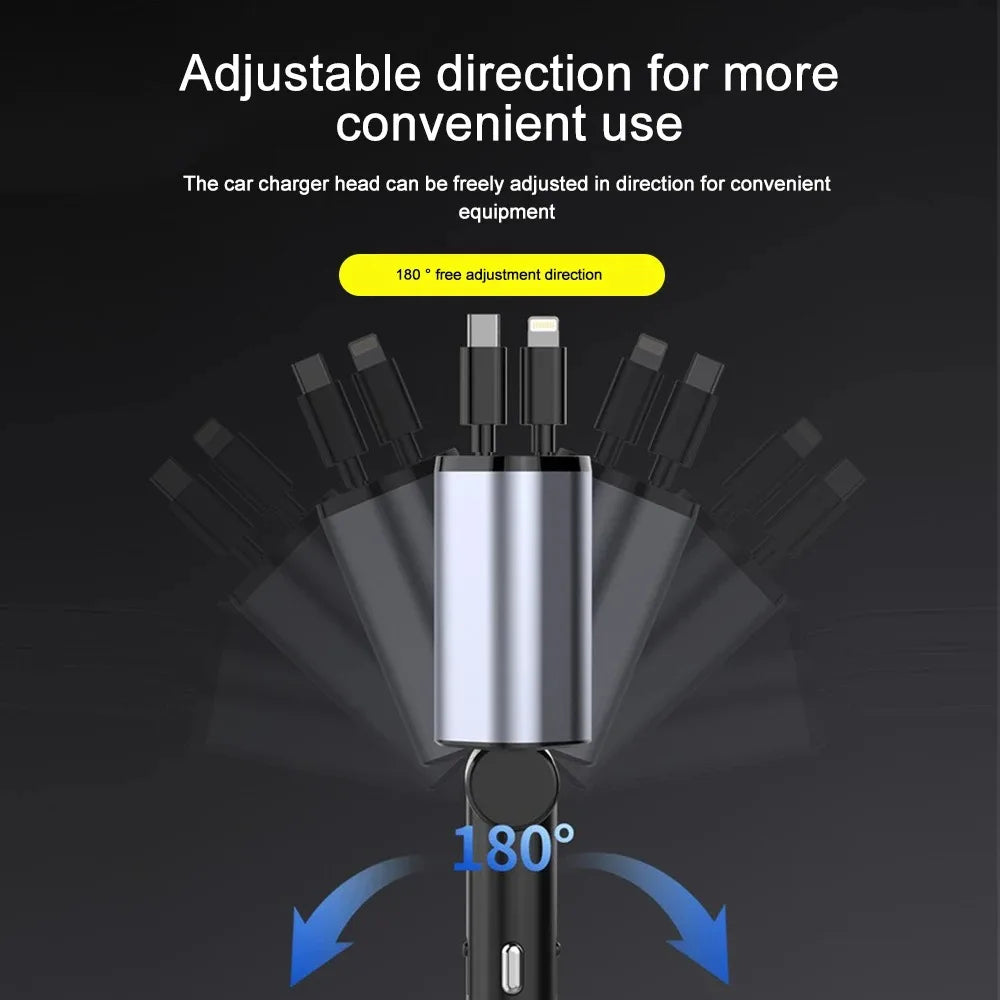 120W Retractable Car Charger with Dual Cables, USB-A and USB-C Fast Car Adapter with Voltage Display for Phones and Tablets