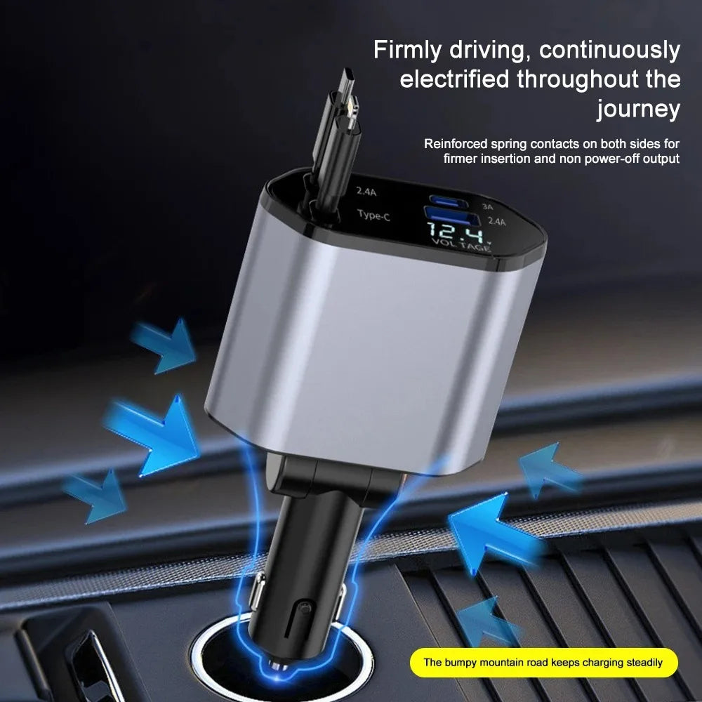 120W Retractable Car Charger with Dual Cables, USB-A and USB-C Fast Car Adapter with Voltage Display for Phones and Tablets