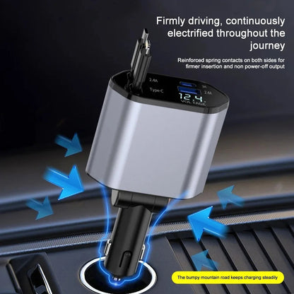 120W Retractable Car Charger with Dual Cables, USB-A and USB-C Fast Car Adapter with Voltage Display for Phones and Tablets