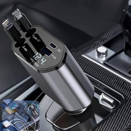 Retractable Car Charger with Dual Cables and USB-A/USB-C Ports, USB-A and USB-C Fast Car Adapter with Voltage Display for Phones and Tablets
