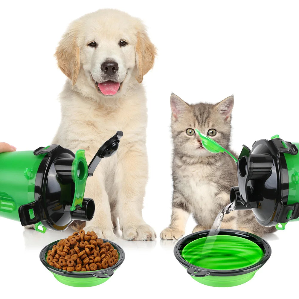 Collapsible Pet Water Bottle, 2-in-1 Travel Dog Water and Food Dispenser with Silicone Bowl for Walks & Hiking