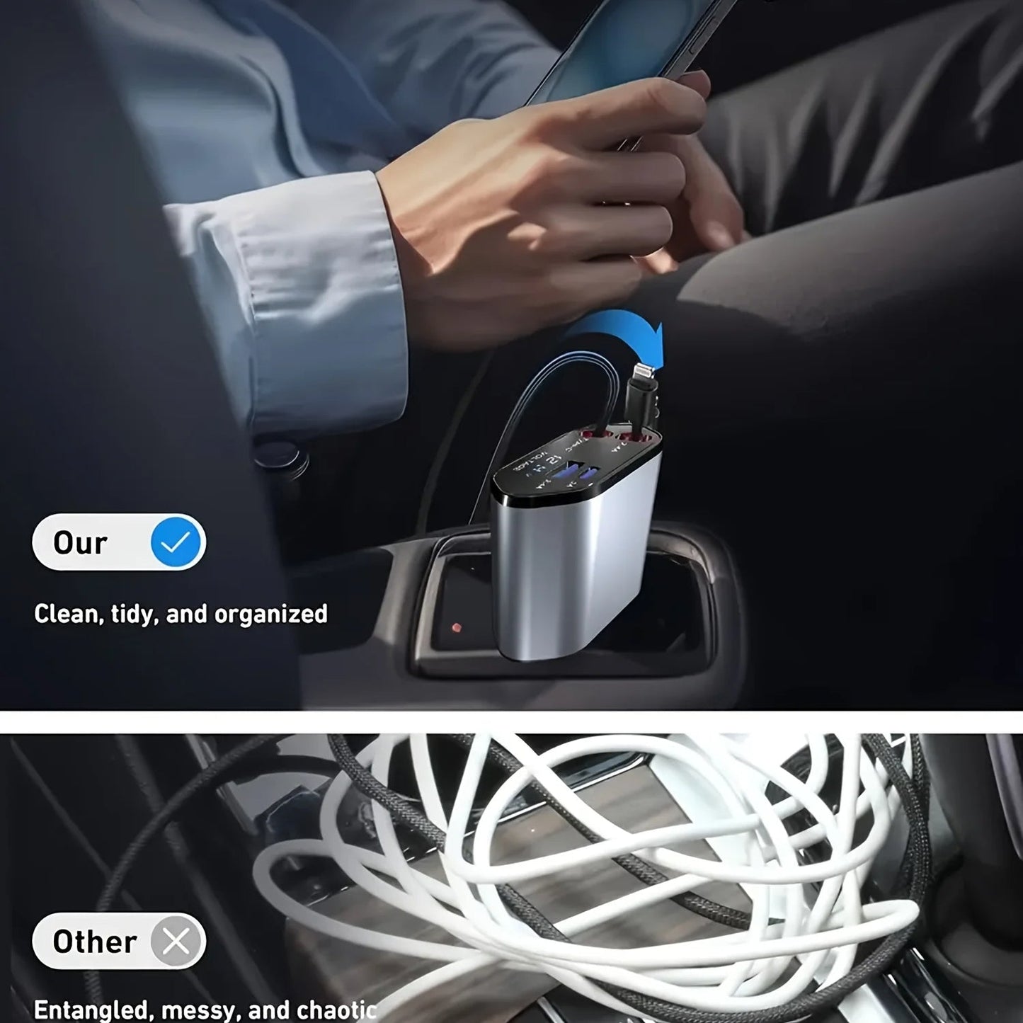 120W Retractable Car Charger with Dual Cables, USB-A and USB-C Fast Car Adapter with Voltage Display for Phones and Tablets