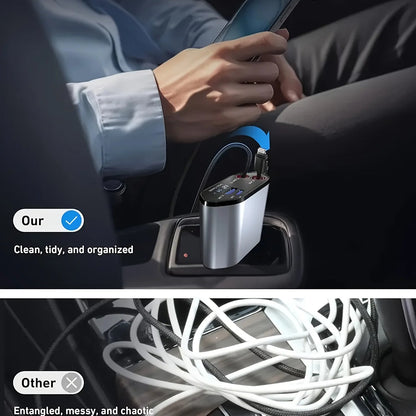 120W Retractable Car Charger with Dual Cables, USB-A and USB-C Fast Car Adapter with Voltage Display for Phones and Tablets