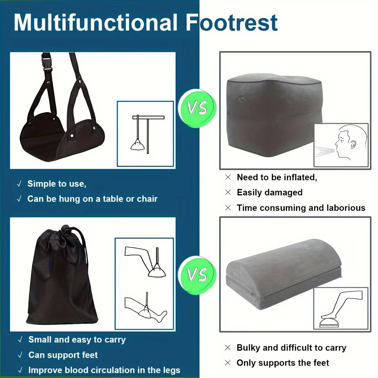 Airplane Footrest Hammock, 2 Pack Adjustable Foot Rest for Long Flights, Travel and Under Desk, Cushioned Canvas Foot Hammock
