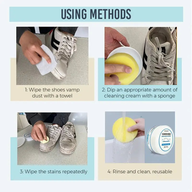 White Shoe Cleaner Cream, 100g Waterless Sneaker Cleaning Kit with Sponge, All-Purpose Stain Remover for White Shoes & Sneakers