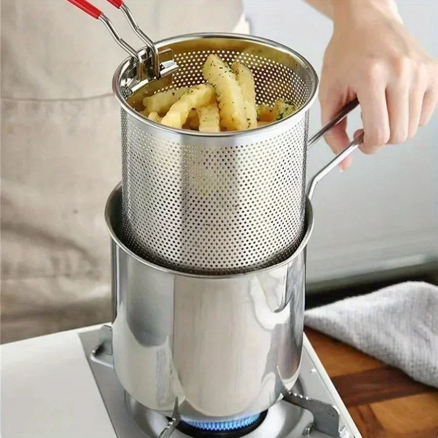 Deep Fryer Pot with Strainer Basket, 1200ml 304 Stainless Steel Frying Pot for Gas, Electric & Induction Stoves, Fries & Tempura