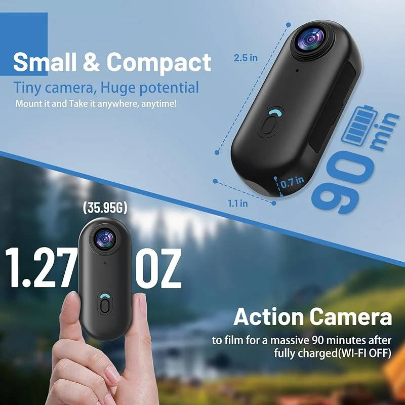 4K Action Camera, Mini Wearable Body Cam with Magnetic Mount and Clip for Cycling, POV Vlogging and Sports, 2 Colors