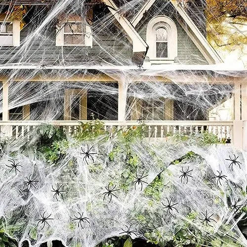 Stretch Spider Web Decoration, 200 Sq Ft Halloween Cobwebs with Fake Spiders for Indoor and Outdoor Party Decor