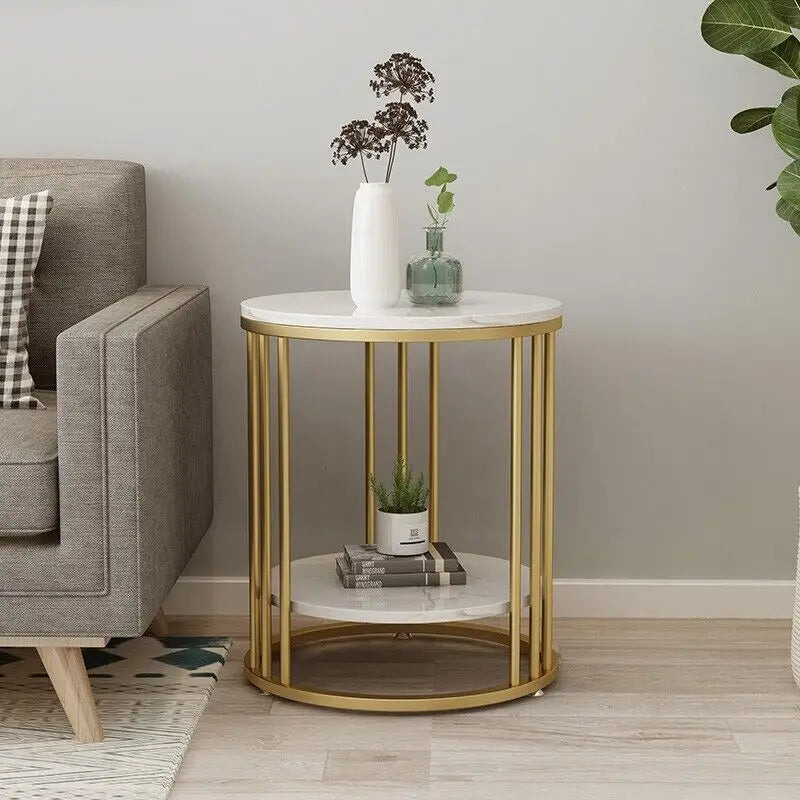 Two-tier round side table with a white stone-look top and gold metal frame