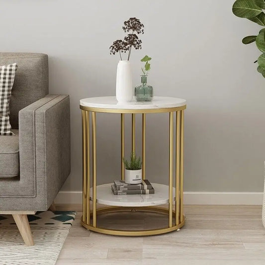 Two-tier round side table with a white stone-look top and gold metal frame