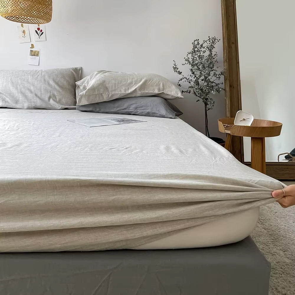 Washed linen fitted sheet in Natural Linen