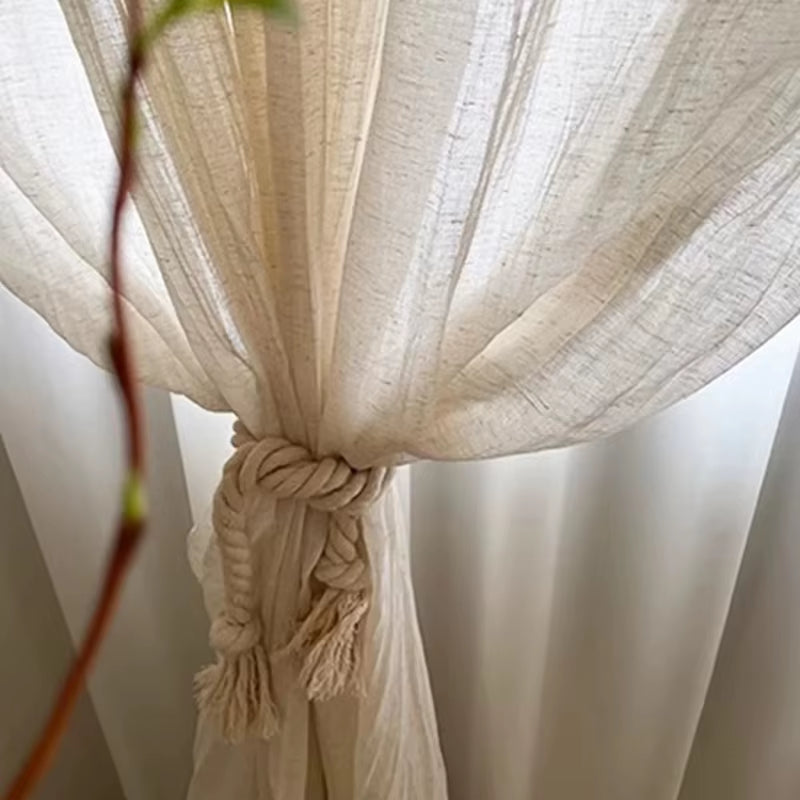 White tie-top curtain panel with a wrinkled linen-look texture