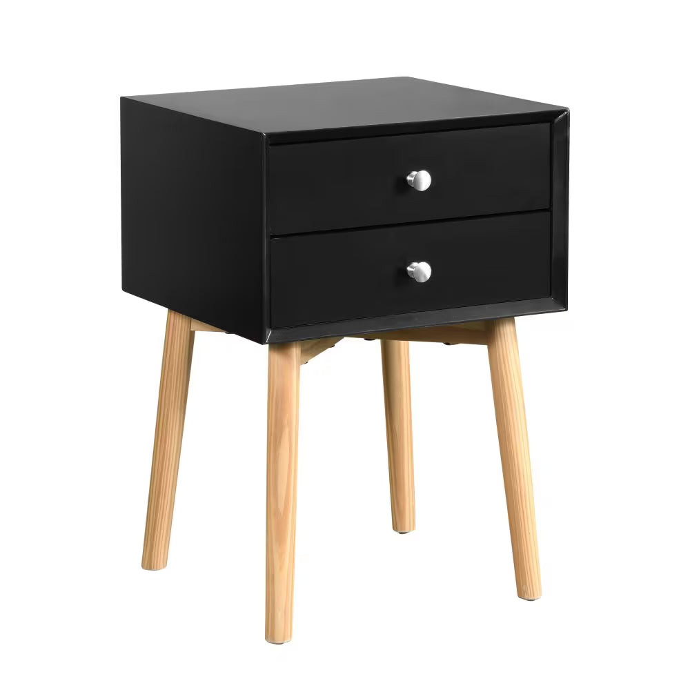Black two-drawer nightstand with light wood legs, angled view