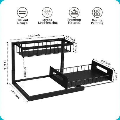 2-Tier Slide-Out Under Sink Organizer, L-Shaped Pull-Out Cabinet Storage Rack for Kitchen and Bathroom, Tool-Free