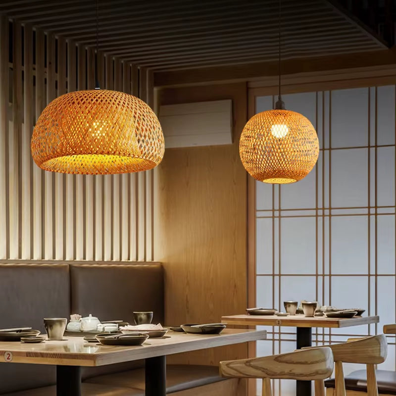 Dome bamboo pendant light and a tiered woven pendant in a dining room