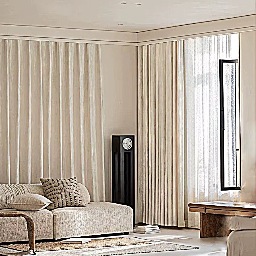 Beige textured curtain panel, full length