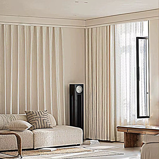 Beige textured curtain panel, full length