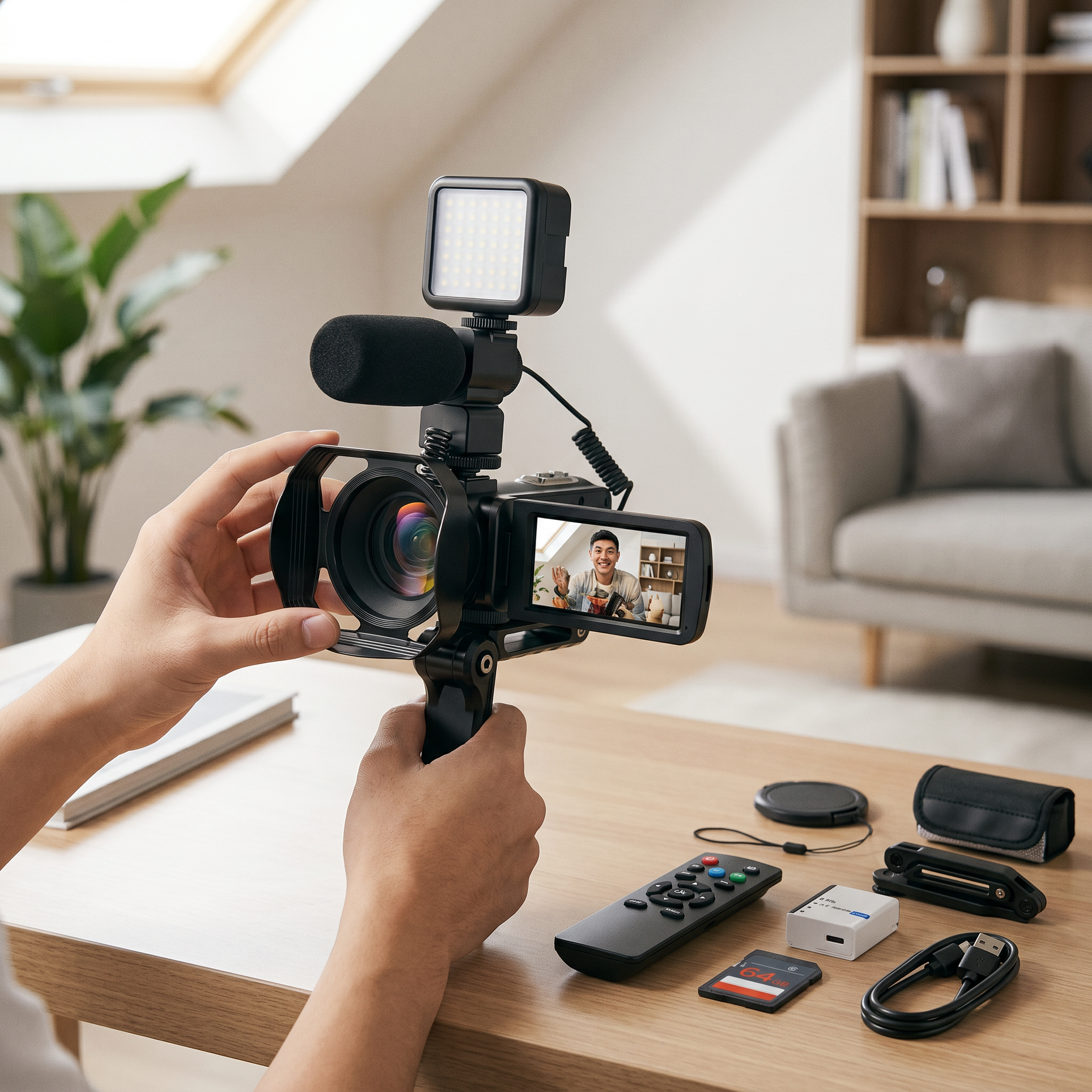 Person holding a 4K vlogging camcorder with accessories on a bright desk