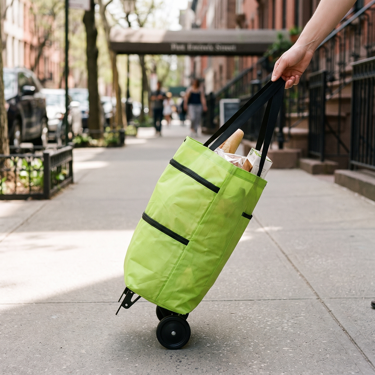Foldable Rolling Shopping Bag — pulled by its straps on a city sidewalk, rolling on built-in wheels — real-scene lifestyle v4