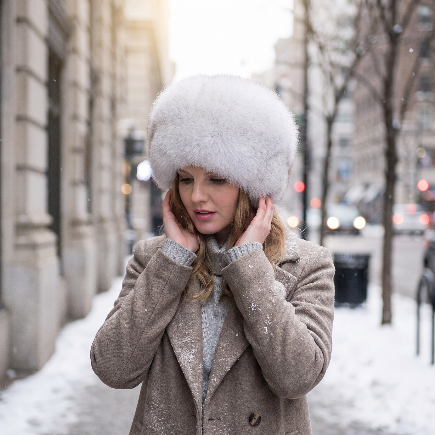 Fox Fur Winter Hat — cold winter city street — real-scene lifestyle v4