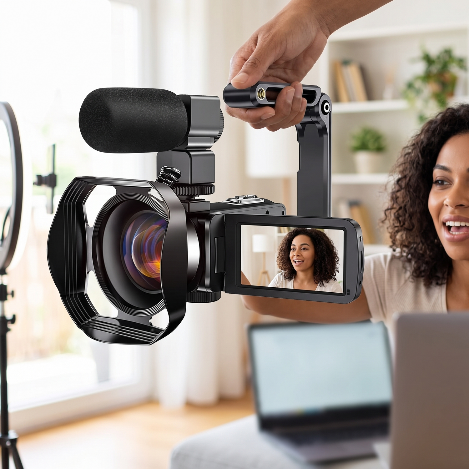 4K Vlogging Camcorder — bright modern living room vlogging corner — real-scene lifestyle v4