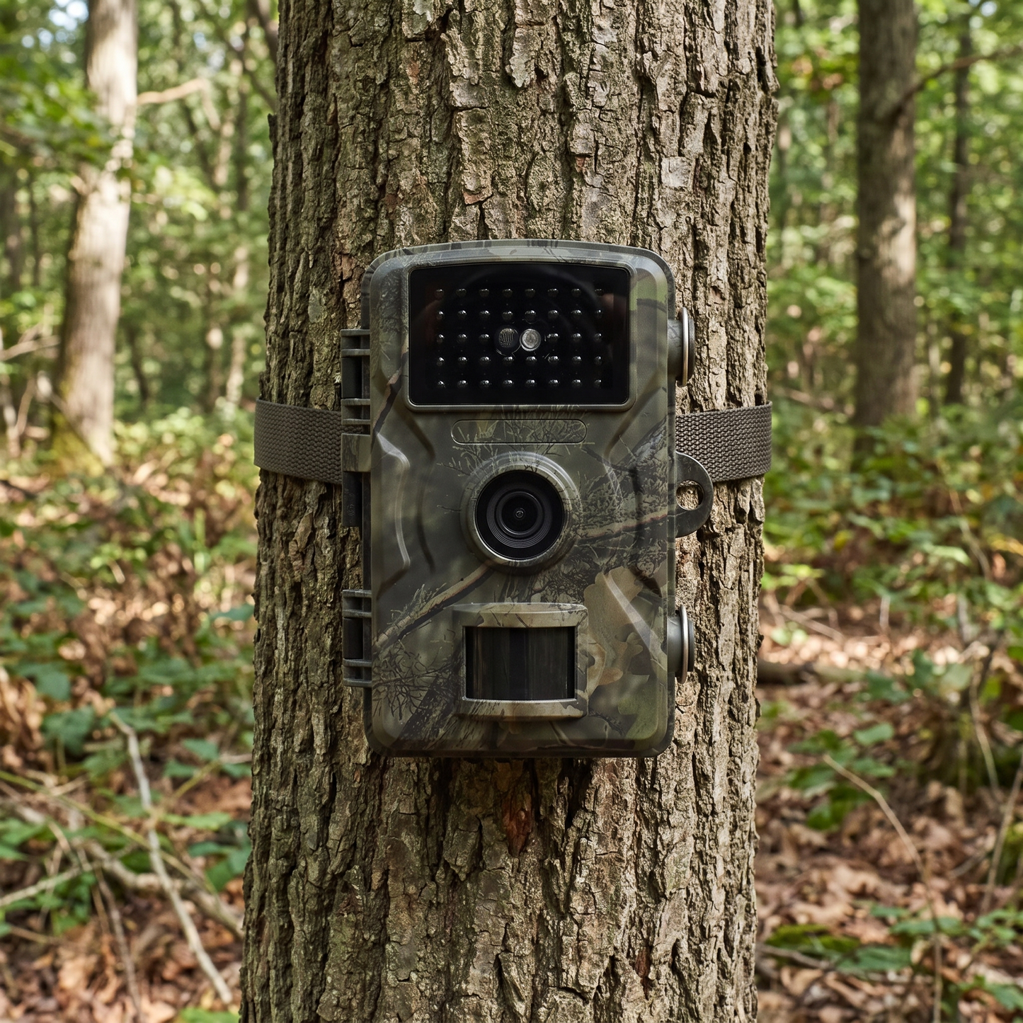Night Vision Trail Camera — daylight woodland — real-scene lifestyle v4