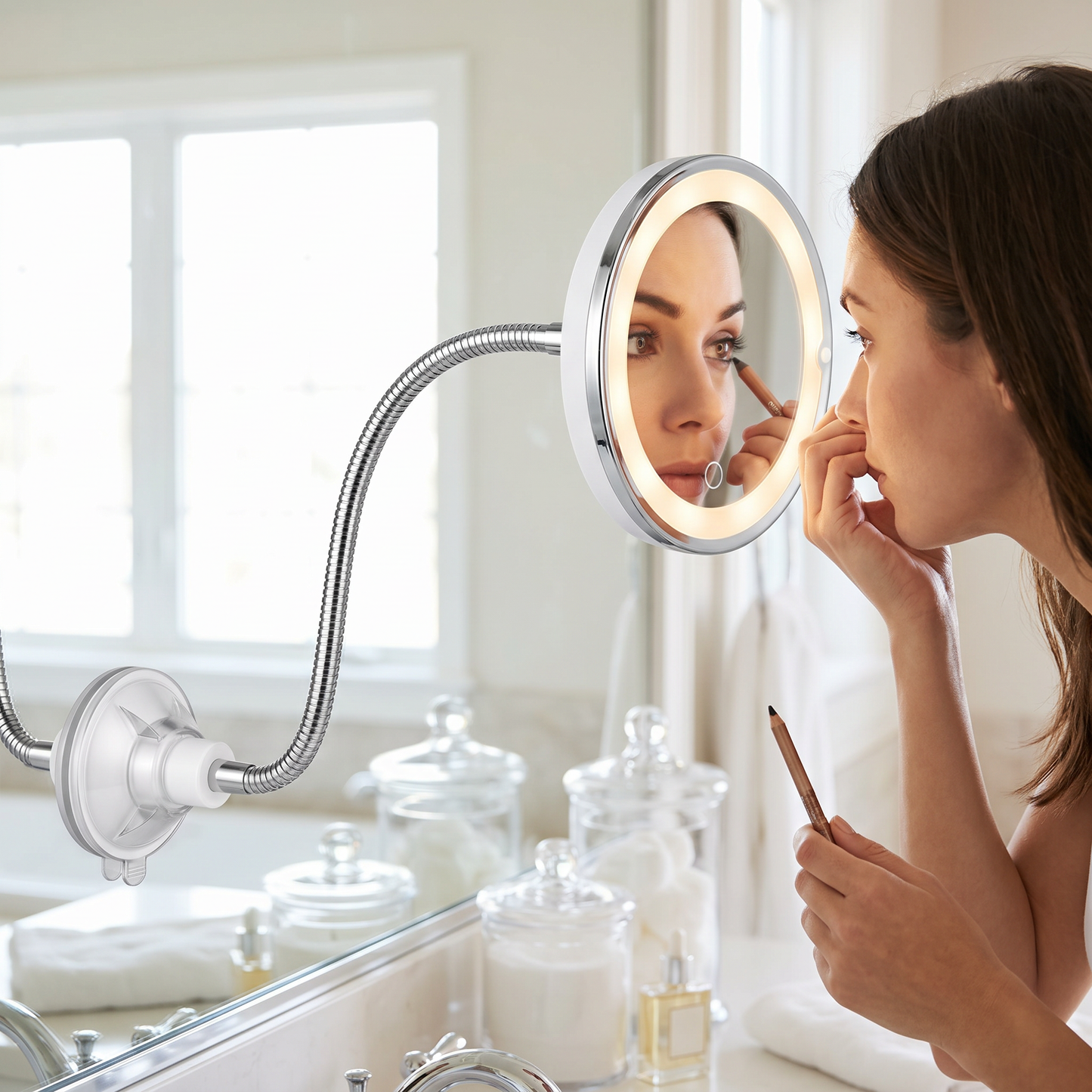Flexible Magnifying Makeup Mirror — bright bathroom vanity — real-scene lifestyle v4