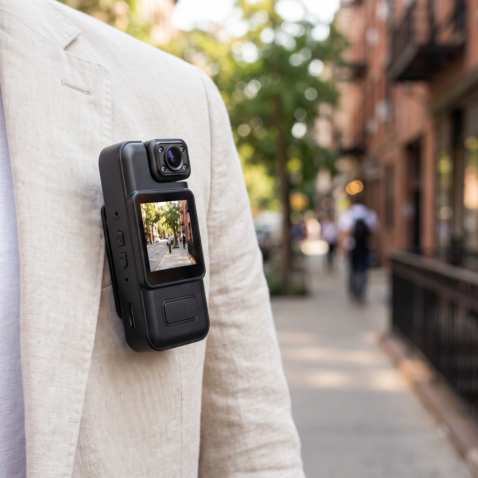 4K Mini Body Camera — sunlit city sidewalk — real-scene lifestyle v4