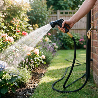 Expandable Garden Hose — sunlit backyard garden in summer — real-scene lifestyle v4