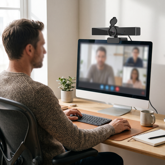 4K Webcam — modern home-office desk — real-scene lifestyle v4