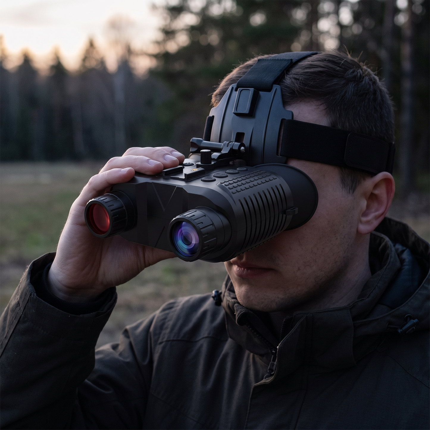 Night Vision Goggles — forest clearing edge at realistic natural dusk — real-scene lifestyle v4