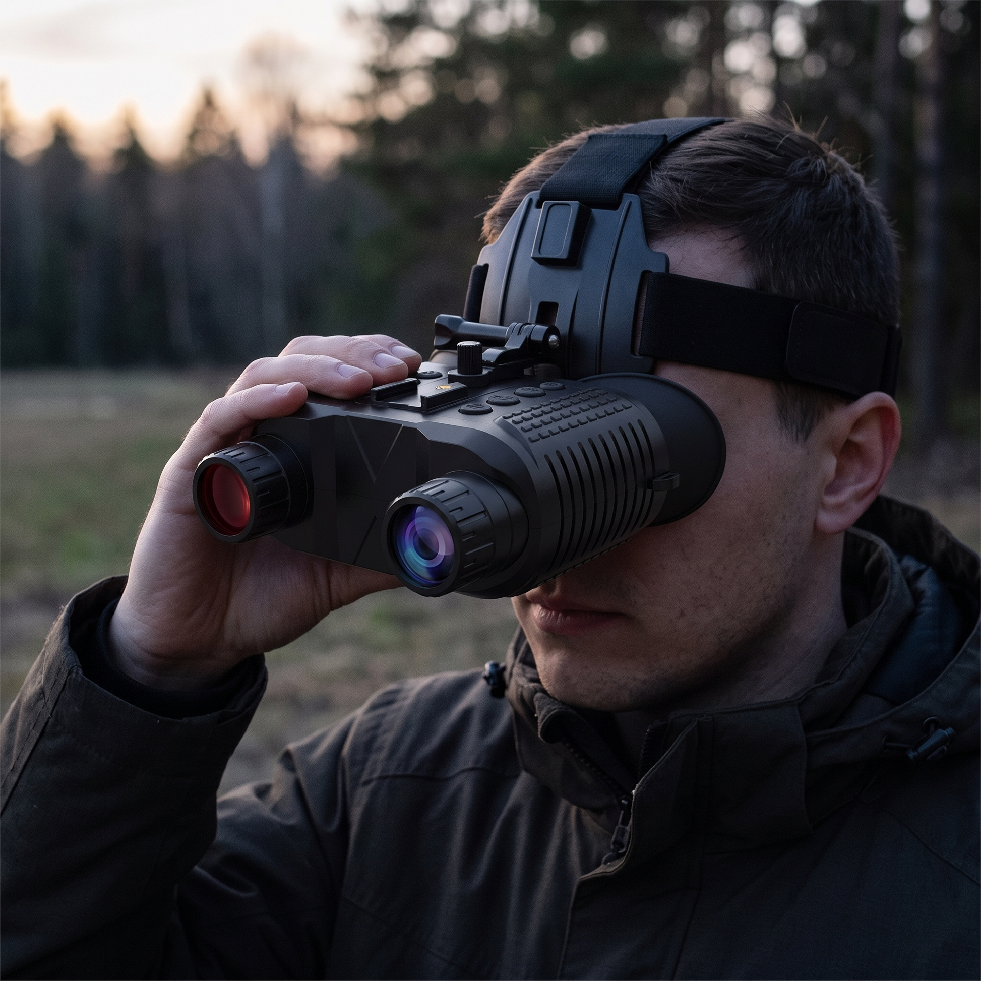 Night Vision Goggles — forest clearing edge at realistic natural dusk — real-scene lifestyle v4