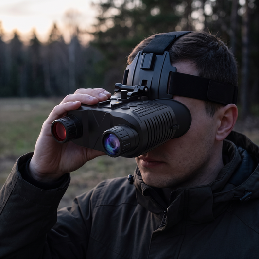 Night Vision Goggles — forest clearing edge at realistic natural dusk — real-scene lifestyle v4