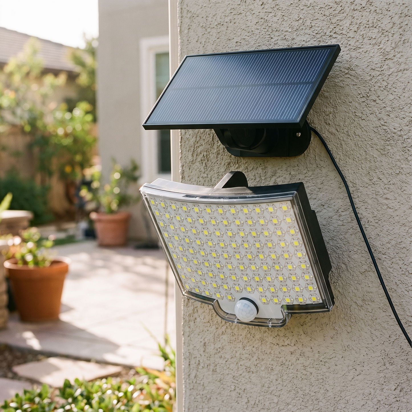 Solar Motion Sensor Light — installed on house wall outdoors in daylight — real-scene lifestyle v4