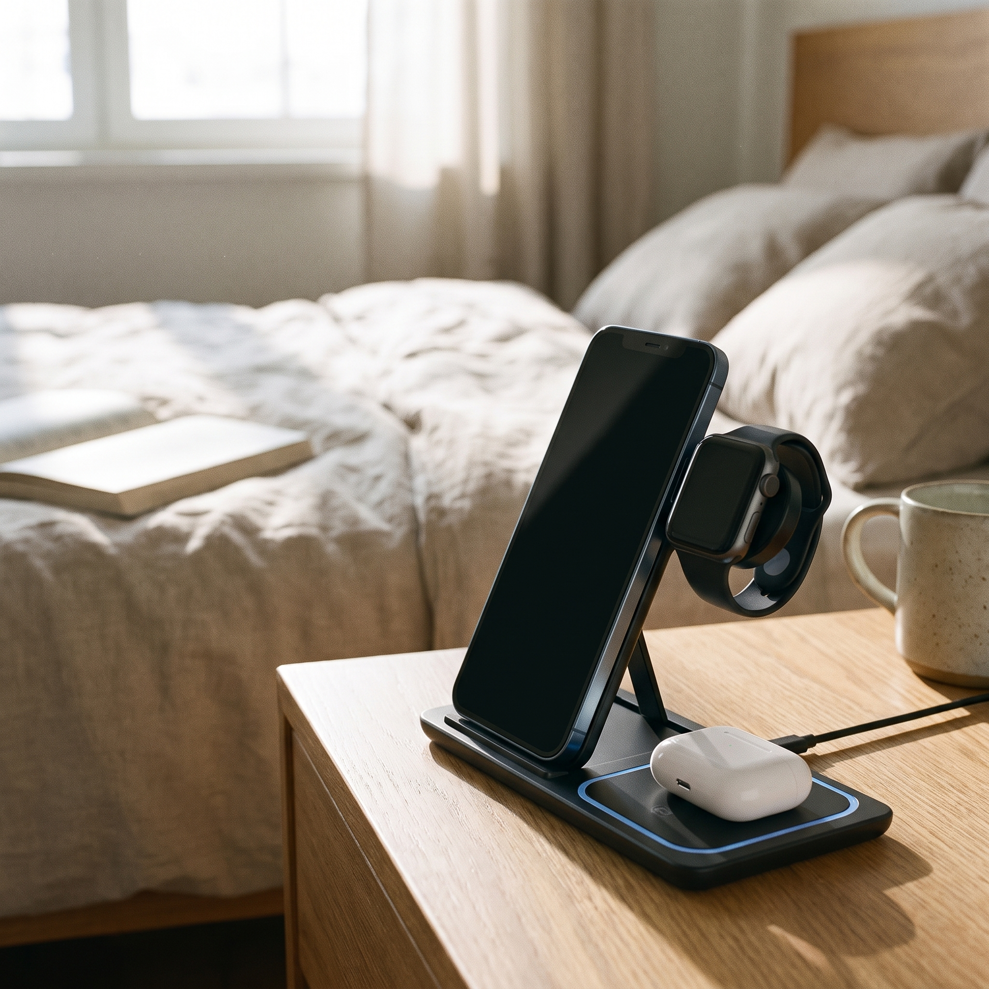 Wireless Charging Station — bedroom nightstand — real-scene lifestyle v4