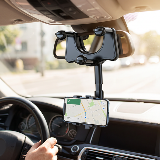 Rearview Mirror Phone Holder — inside a real car cabin — real-scene lifestyle v4