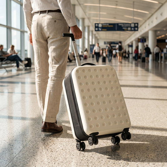 Foldable Spinner Suitcase — bright modern airport terminal — real-scene lifestyle v4