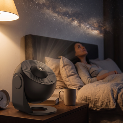 Galaxy Star Projector — wooden nightstand in a dim cozy bedroom at night — real-scene lifestyle v4