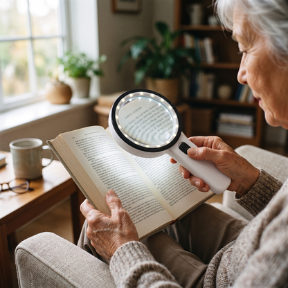 Optical Magnifier with LED Light — bright living room armchair by a window — real-scene lifestyle v4