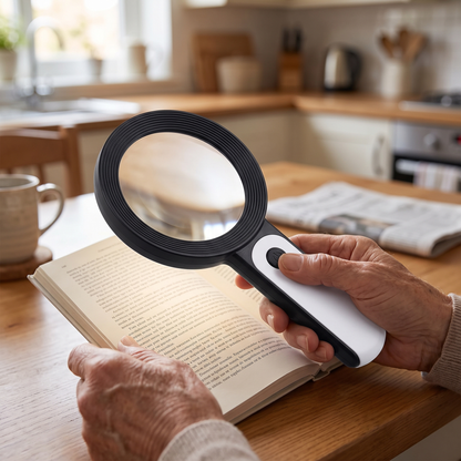 Illuminated Handheld Magnifying Glass — warm kitchen table indoors — real-scene lifestyle v4